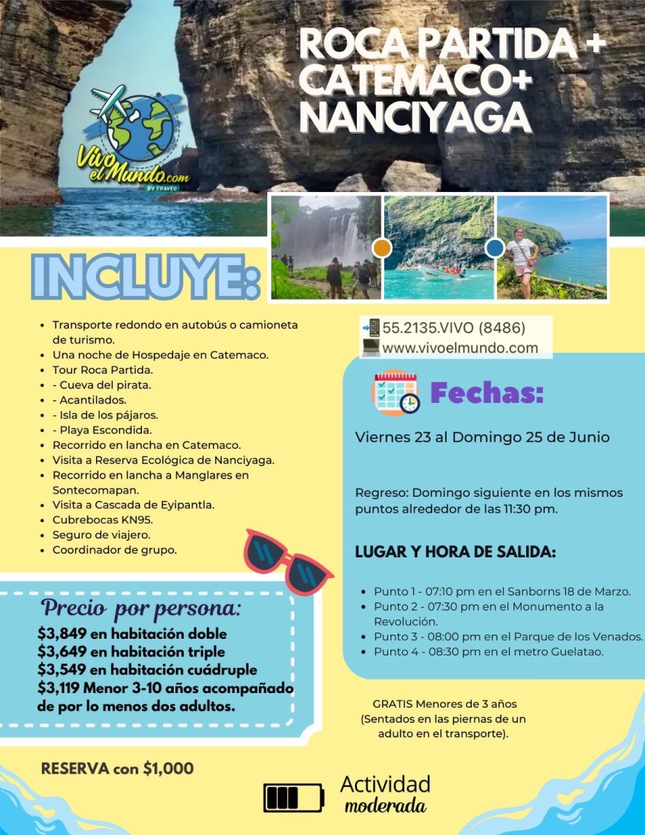 Roca Partida Tour. Catemaco. Nanciyaga Reserva Ecologica.  Veracruz. Cascada Eyipantla